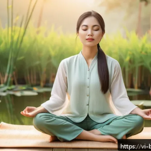 Home 30 불교에서의 단순한 삶 - A serene Vietnamese woman practicing mindful breathing meditation outdoors at sunrise, wearing simpl...