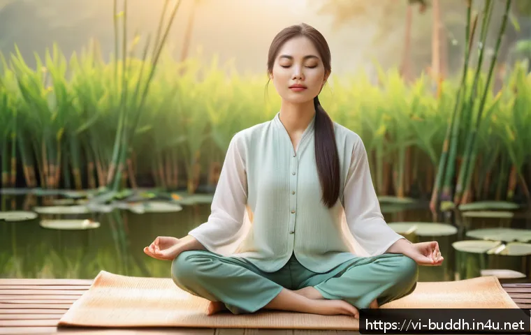 불교에서의 단순한 삶 - A serene Vietnamese woman practicing mindful breathing meditation outdoors at sunrise, wearing simpl...
