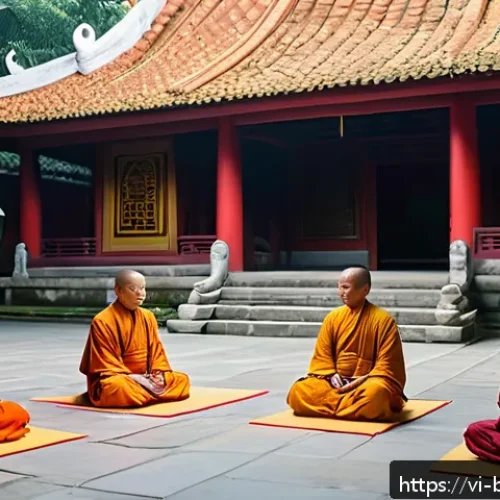Home 17 불교와 디지털 문화 - A serene Vietnamese Buddhist temple courtyard at dawn, bathed in soft golden light, with monks and l...