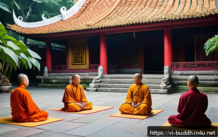 불교와 디지털 문화 - A serene Vietnamese Buddhist temple courtyard at dawn, bathed in soft golden light, with monks and l...