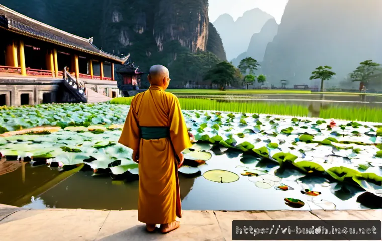Home 17 불교의 세계관 - Photorealistic sunrise view of a serene Vietnamese Buddhist temple courtyard, an elderly monk in mod...
