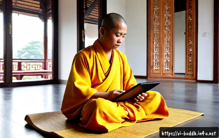 불교에서의 혁신적 접근 - Photorealistic Vietnamese Buddhist innovation scene, a young monk in modest saffron robes using a ta...