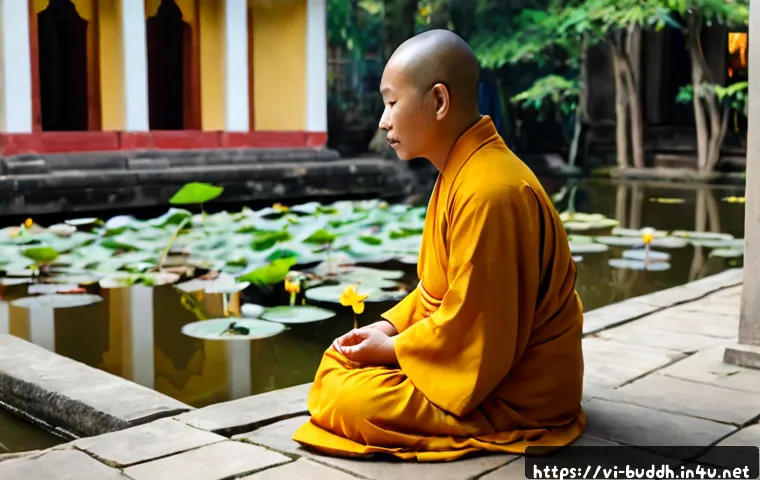 Home 13 불교에서의 공감 - Photorealistic scene of a gentle Vietnamese Buddhist monk in simple saffron robes listening compassi...